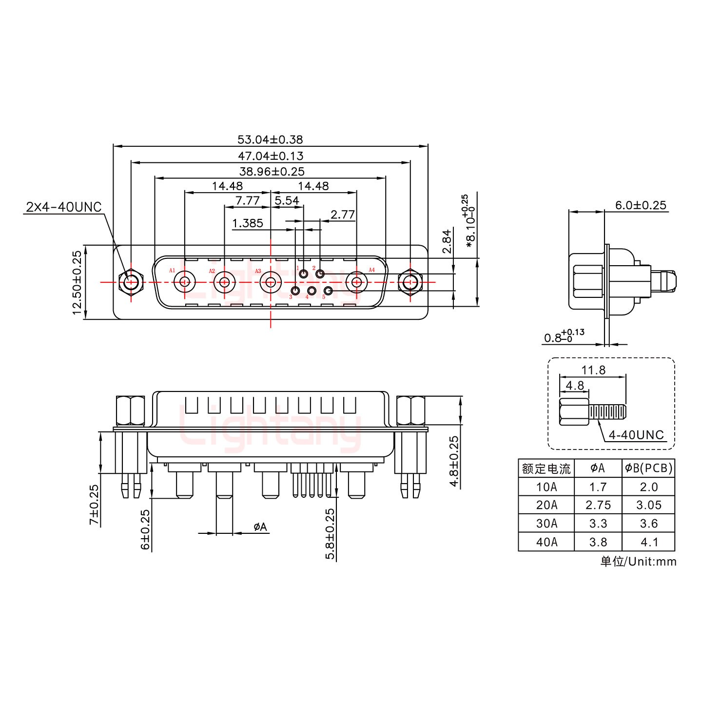 9W4公PCB直插板/鉚魚叉7.0/大電流20A