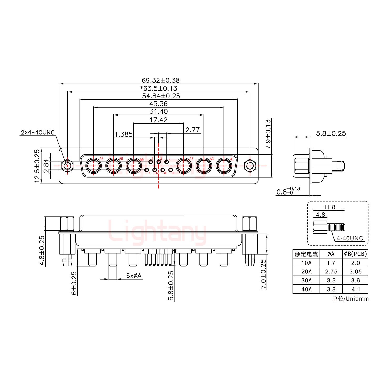 13W6A母PCB直插板/鉚魚(yú)叉7.0/大電流20A