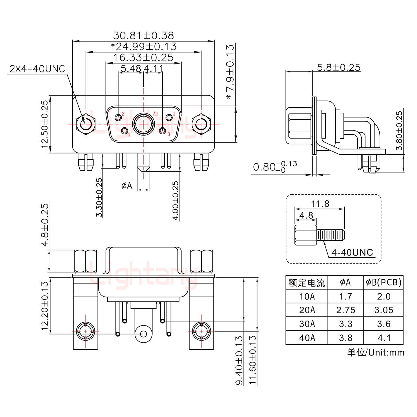 5W1母PCB彎插板/鉚支架11.6/大電流30A