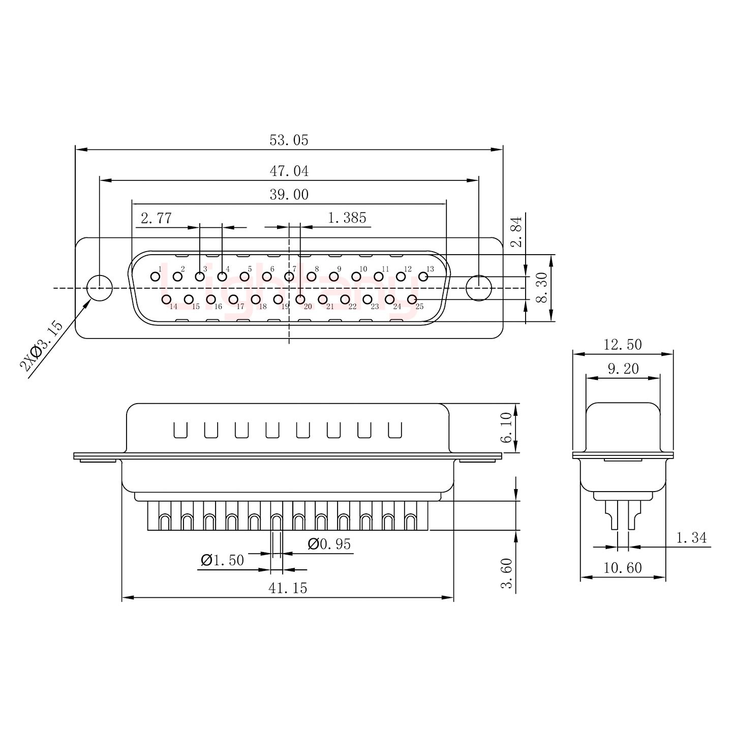 DB25公焊線+金屬外殼592斜出線4~12mm