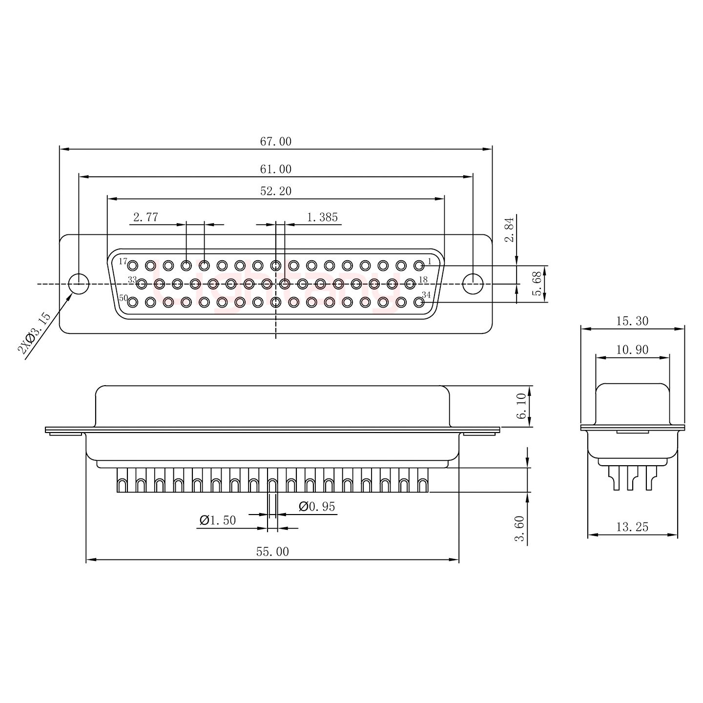 DB50母焊線+金屬外殼1746斜出線4~12mm