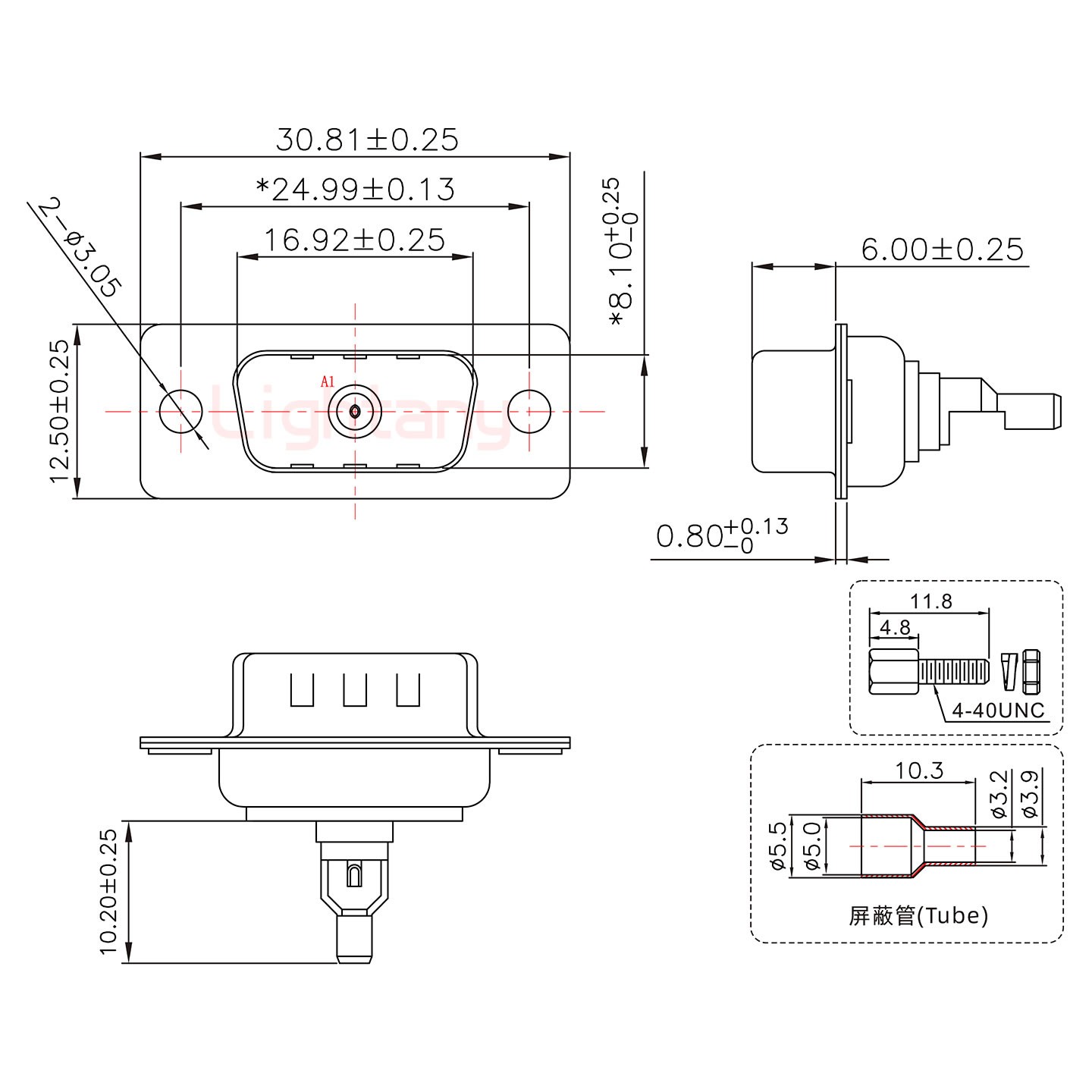 1W1公焊線(xiàn)式50歐姆+9P金屬外殼424彎出線(xiàn)4~12mm
