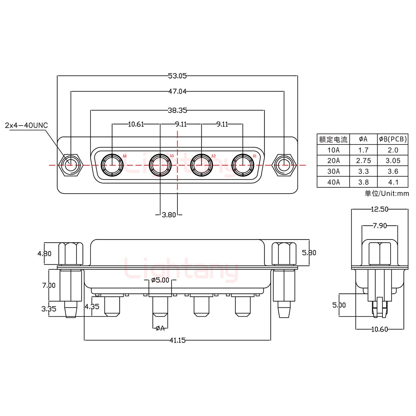 4W4母PCB直插板/鉚魚(yú)叉7.0/大電流30A