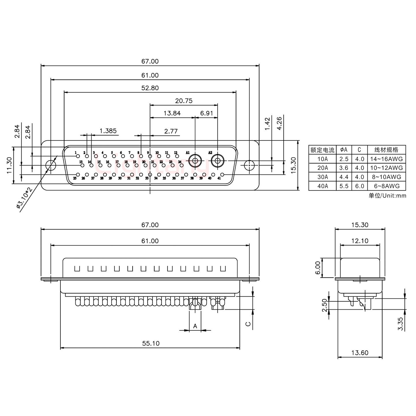43W2公短體焊線30A+50P金屬外殼1745彎出線4~12mm