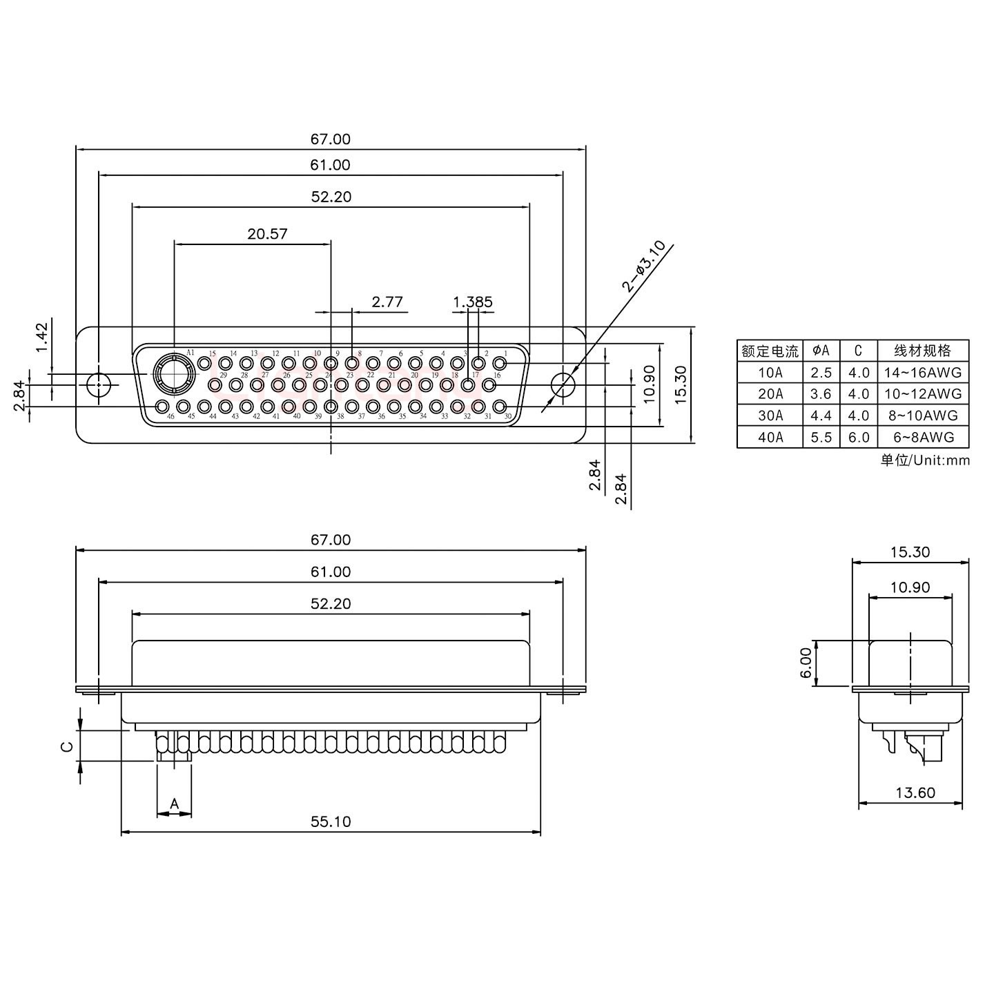 47W1母短體焊線10A+50P金屬外殼2252三個出線孔12mm
