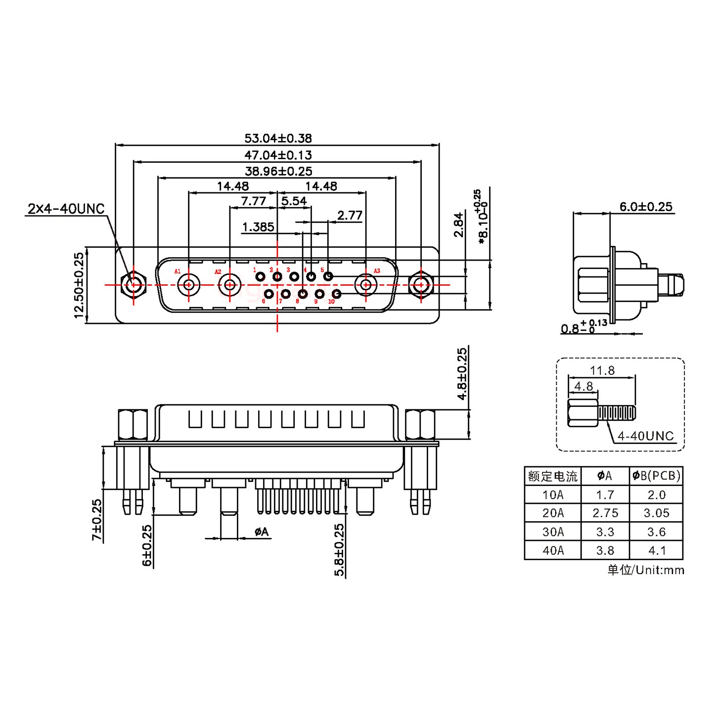 13W3公PCB直插板/鉚魚叉7.0/大電流10A