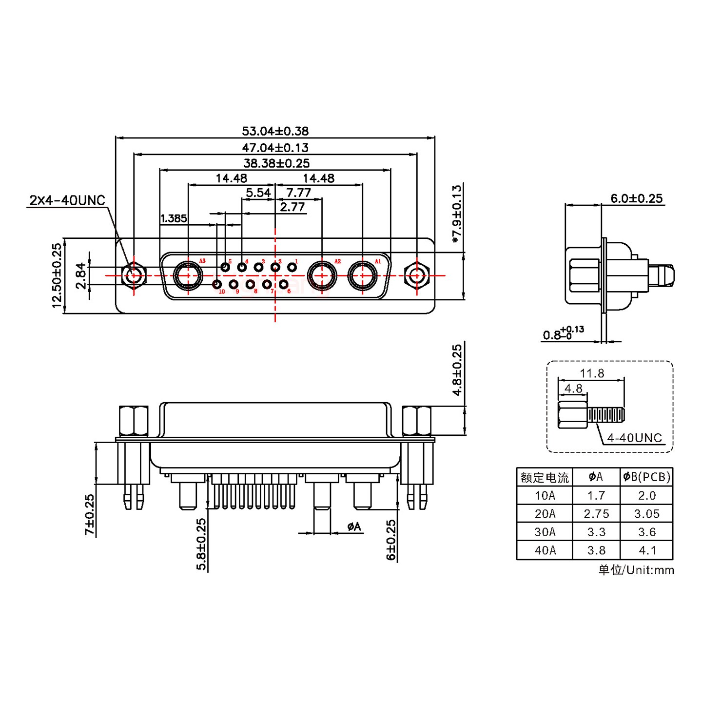 13W3母PCB直插板/鉚魚(yú)叉7.0/大電流30A