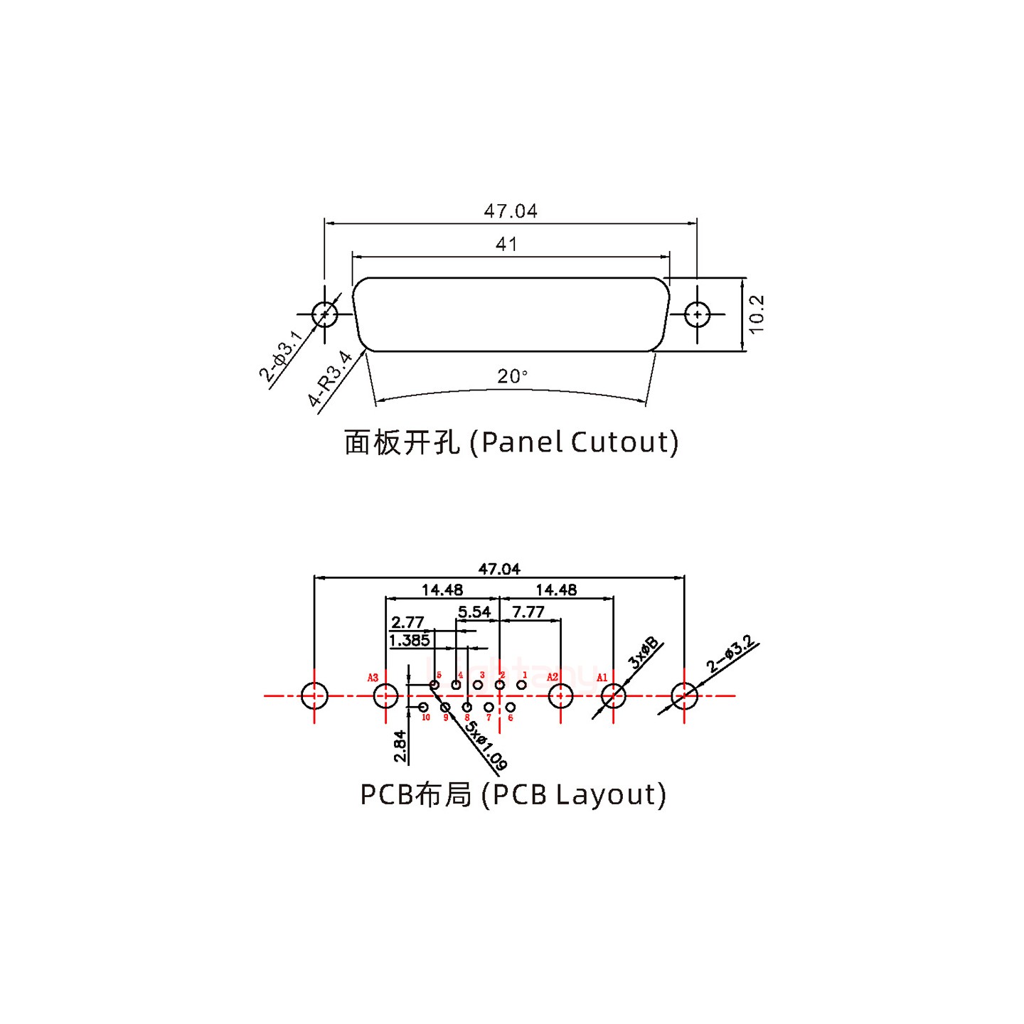 13W3母PCB直插板/鉚魚(yú)叉7.0/大電流30A